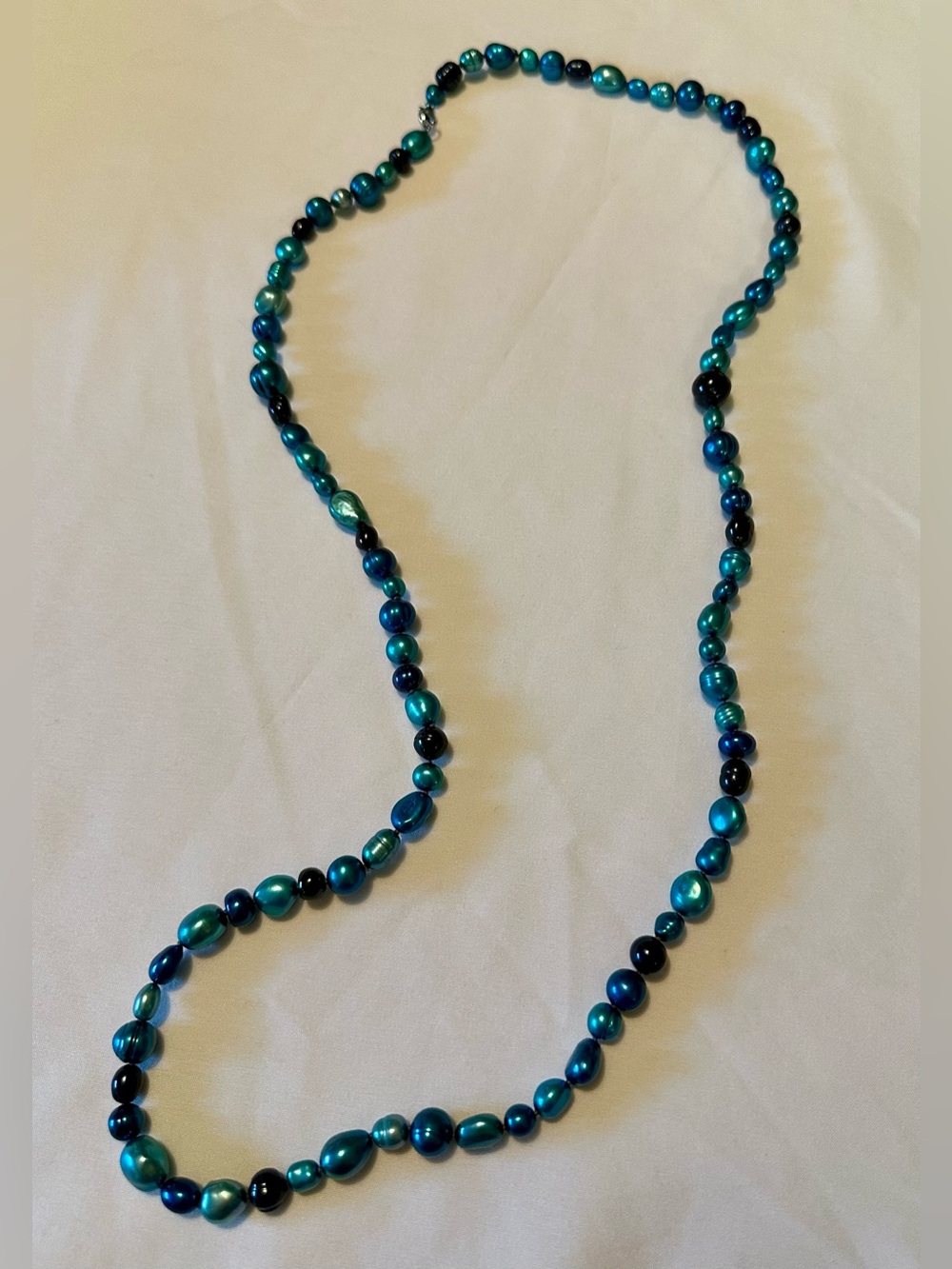925 Sterling Silver Clasp Blue Pearl Necklace Long 35.5" Strand